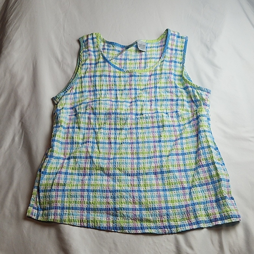 Cabin Creek Seersucker Tank Top Plaid Blue Green Women's Size 1X